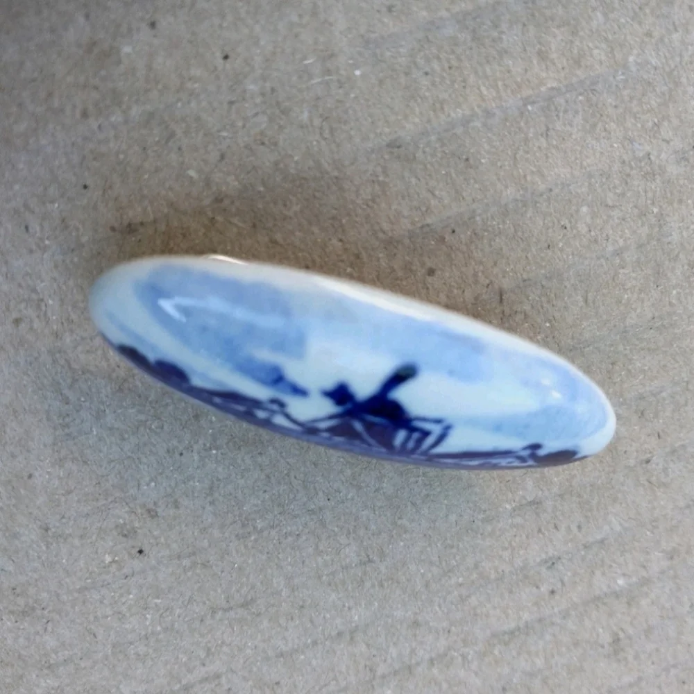 Vintage Blue & White Holland Delft Windmill Oval Brooch Pin